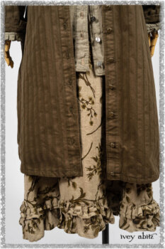 Mathilda Coat Dress in Woodlawn Variegated Stripe Weave; Mathilda Shirt in Woodlawn Washed Twill; Canterbury Frock in Woodlawn Floral Washed Linen. Ivey Abitz bespoke clothing.
