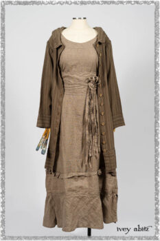 Hudson Duster Coat in Earthen Embroidered Stripe Gauze; Porte Cochere Frock in Earthen Washed Stripe Linen; Hudson Frock in Earthen Washed Stripe Linen. Ivey Abitz bespoke clothing.