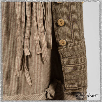 Hudson Duster Coat in Earthen Embroidered Stripe Gauze; Porte Cochere Frock in Earthen Washed Stripe Linen; Hudson Frock in Earthen Washed Stripe Linen. Ivey Abitz bespoke clothing.