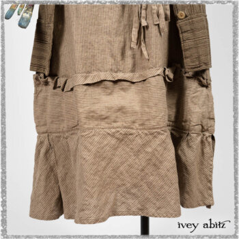Hudson Duster Coat in Earthen Embroidered Stripe Gauze; Porte Cochere Frock in Earthen Washed Stripe Linen; Hudson Frock in Earthen Washed Stripe Linen. Ivey Abitz bespoke clothing.