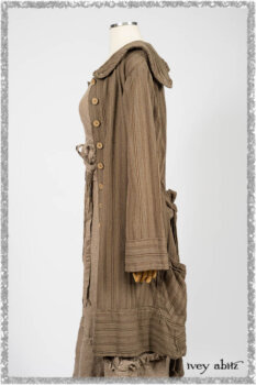 Hudson Duster Coat in Earthen Embroidered Stripe Gauze; Porte Cochere Frock in Earthen Washed Stripe Linen; Hudson Frock in Earthen Washed Stripe Linen. Ivey Abitz bespoke clothing.