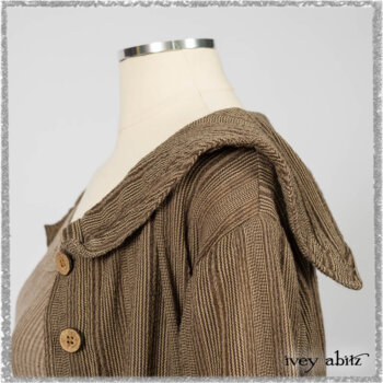 Hudson Duster Coat in Earthen Embroidered Stripe Gauze; Porte Cochere Frock in Earthen Washed Stripe Linen; Hudson Frock in Earthen Washed Stripe Linen. Ivey Abitz bespoke clothing.