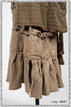 Hudson Duster Coat in Earthen Embroidered Stripe Gauze; Porte Cochere Frock in Earthen Washed Stripe Linen; Hudson Frock in Earthen Washed Stripe Linen. Ivey Abitz bespoke clothing.