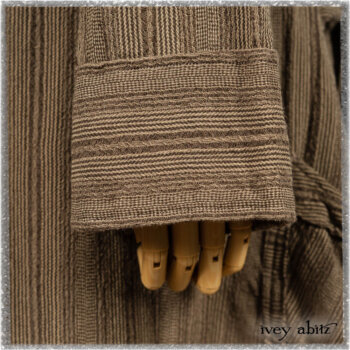 Hudson Duster Coat in Earthen Embroidered Stripe Gauze; Porte Cochere Frock in Earthen Washed Stripe Linen; Hudson Frock in Earthen Washed Stripe Linen. Ivey Abitz bespoke clothing.