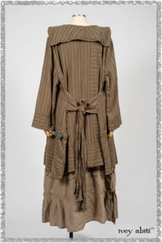 Hudson Duster Coat in Earthen Embroidered Stripe Gauze; Porte Cochere Frock in Earthen Washed Stripe Linen; Hudson Frock in Earthen Washed Stripe Linen. Ivey Abitz bespoke clothing.