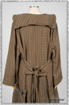 Hudson Duster Coat in Earthen Embroidered Stripe Gauze; Porte Cochere Frock in Earthen Washed Stripe Linen; Hudson Frock in Earthen Washed Stripe Linen. Ivey Abitz bespoke clothing.