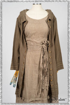 Hudson Duster Coat in Earthen Embroidered Stripe Gauze; Porte Cochere Frock in Earthen Washed Stripe Linen; Hudson Frock in Earthen Washed Stripe Linen. Ivey Abitz bespoke clothing.