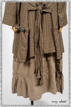 Hudson Duster Coat in Earthen Embroidered Stripe Gauze; Porte Cochere Frock in Earthen Washed Stripe Linen; Hudson Frock in Earthen Washed Stripe Linen. Ivey Abitz bespoke clothing.