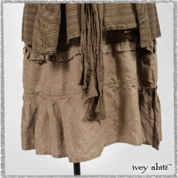 Hudson Duster Coat in Earthen Embroidered Stripe Gauze; Porte Cochere Frock in Earthen Washed Stripe Linen; Hudson Frock in Earthen Washed Stripe Linen. Ivey Abitz bespoke clothing.