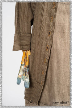 Hudson Duster Coat in Earthen Embroidered Stripe Gauze; Porte Cochere Frock in Earthen Washed Stripe Linen; Hudson Frock in Earthen Washed Stripe Linen. Ivey Abitz bespoke clothing.