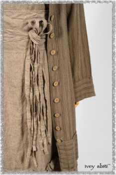 Hudson Duster Coat in Earthen Embroidered Stripe Gauze; Porte Cochere Frock in Earthen Washed Stripe Linen; Hudson Frock in Earthen Washed Stripe Linen. Ivey Abitz bespoke clothing.