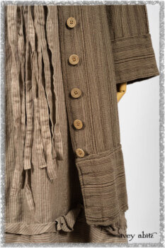 Hudson Duster Coat in Earthen Embroidered Stripe Gauze; Porte Cochere Frock in Earthen Washed Stripe Linen; Hudson Frock in Earthen Washed Stripe Linen. Ivey Abitz bespoke clothing.