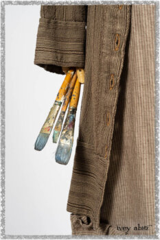 Hudson Duster Coat in Earthen Embroidered Stripe Gauze; Porte Cochere Frock in Earthen Washed Stripe Linen; Hudson Frock in Earthen Washed Stripe Linen. Ivey Abitz bespoke clothing.