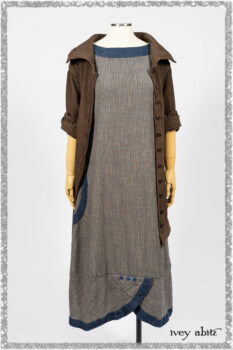 Porte Cochere Shirt Jacket in Earthen Ribbed Weave; Sennen Frock in Estuary Petite Check with Estuary Wondrous Washed Linen details. Ivey Abitz bespoke clothing.