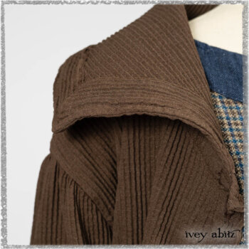 Porte Cochere Shirt Jacket in Earthen Ribbed Weave; Sennen Frock in Estuary Petite Check with Estuary Wondrous Washed Linen details. Ivey Abitz bespoke clothing.