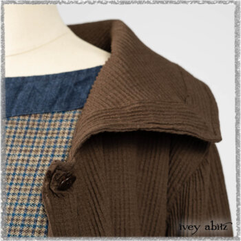 Porte Cochere Shirt Jacket in Earthen Ribbed Weave; Sennen Frock in Estuary Petite Check with Estuary Wondrous Washed Linen details. Ivey Abitz bespoke clothing.