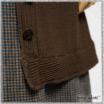 Porte Cochere Shirt Jacket in Earthen Ribbed Weave; Sennen Frock in Estuary Petite Check with Estuary Wondrous Washed Linen details. Ivey Abitz bespoke clothing.