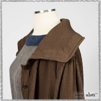 Porte Cochere Shirt Jacket in Earthen Ribbed Weave; Sennen Frock in Estuary Petite Check with Estuary Wondrous Washed Linen details. Ivey Abitz bespoke clothing.