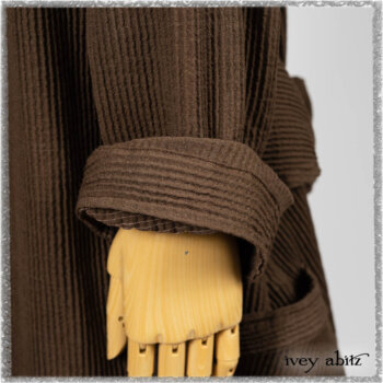 Porte Cochere Shirt Jacket in Earthen Ribbed Weave; Sennen Frock in Estuary Petite Check with Estuary Wondrous Washed Linen details. Ivey Abitz bespoke clothing.