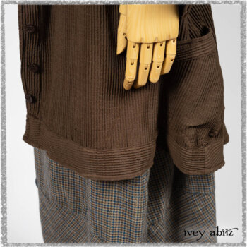 Porte Cochere Shirt Jacket in Earthen Ribbed Weave; Sennen Frock in Estuary Petite Check with Estuary Wondrous Washed Linen details. Ivey Abitz bespoke clothing.