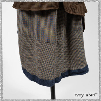 Porte Cochere Shirt Jacket in Earthen Ribbed Weave; Sennen Frock in Estuary Petite Check with Estuary Wondrous Washed Linen details. Ivey Abitz bespoke clothing.