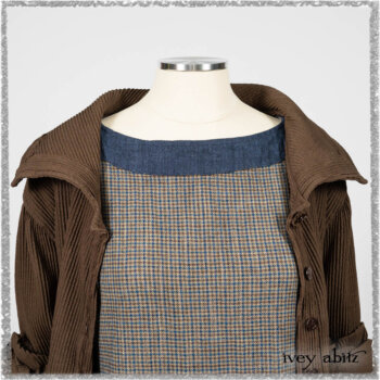 Porte Cochere Shirt Jacket in Earthen Ribbed Weave; Sennen Frock in Estuary Petite Check with Estuary Wondrous Washed Linen details. Ivey Abitz bespoke clothing.