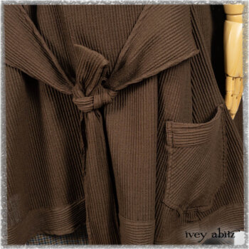 Porte Cochere Shirt Jacket in Earthen Ribbed Weave; Sennen Frock in Estuary Petite Check with Estuary Wondrous Washed Linen details. Ivey Abitz bespoke clothing.