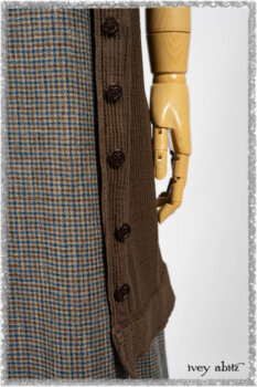 Porte Cochere Shirt Jacket in Earthen Ribbed Weave; Sennen Frock in Estuary Petite Check with Estuary Wondrous Washed Linen details. Ivey Abitz bespoke clothing.