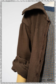 Porte Cochere Shirt Jacket in Earthen Ribbed Weave; Sennen Frock in Estuary Petite Check with Estuary Wondrous Washed Linen details. Ivey Abitz bespoke clothing.
