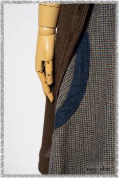 Porte Cochere Shirt Jacket in Earthen Ribbed Weave; Sennen Frock in Estuary Petite Check with Estuary Wondrous Washed Linen details. Ivey Abitz bespoke clothing.