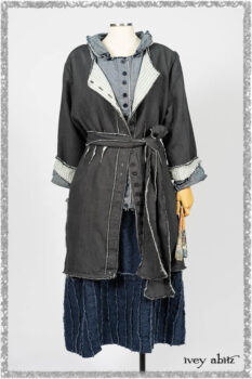 Trelawny Duster Coat in Estuary and Black Houndstooth on Pinstripe; Glenclyffe Shirt in Estuary Wispy Washed Cotton; Glenclyffe Frock in Estuary Wondrous Washed Linen. Ivey Abitz bespoke clothing.
