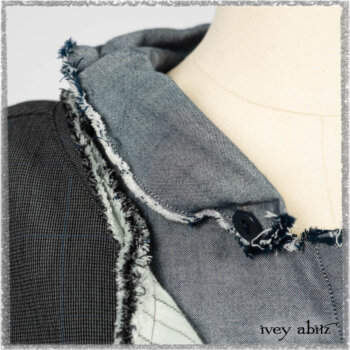 Trelawny Duster Coat in Estuary and Black Houndstooth on Pinstripe; Glenclyffe Shirt in Estuary Wispy Washed Cotton; Glenclyffe Frock in Estuary Wondrous Washed Linen. Ivey Abitz bespoke clothing.