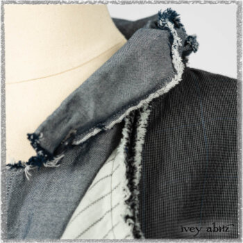 Trelawny Duster Coat in Estuary and Black Houndstooth on Pinstripe; Glenclyffe Shirt in Estuary Wispy Washed Cotton; Glenclyffe Frock in Estuary Wondrous Washed Linen. Ivey Abitz bespoke clothing.
