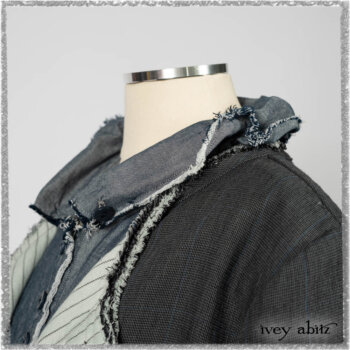 Trelawny Duster Coat in Estuary and Black Houndstooth on Pinstripe; Glenclyffe Shirt in Estuary Wispy Washed Cotton; Glenclyffe Frock in Estuary Wondrous Washed Linen. Ivey Abitz bespoke clothing.