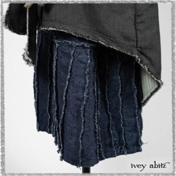 Trelawny Duster Coat in Estuary and Black Houndstooth on Pinstripe; Glenclyffe Shirt in Estuary Wispy Washed Cotton; Glenclyffe Frock in Estuary Wondrous Washed Linen. Ivey Abitz bespoke clothing.
