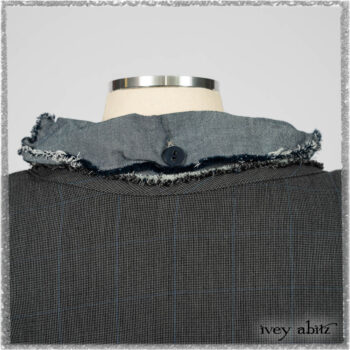 Trelawny Duster Coat in Estuary and Black Houndstooth on Pinstripe; Glenclyffe Shirt in Estuary Wispy Washed Cotton; Glenclyffe Frock in Estuary Wondrous Washed Linen. Ivey Abitz bespoke clothing.