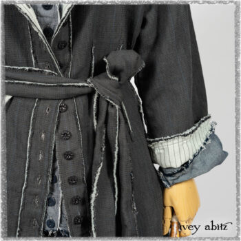 Trelawny Duster Coat in Estuary and Black Houndstooth on Pinstripe; Glenclyffe Shirt in Estuary Wispy Washed Cotton; Glenclyffe Frock in Estuary Wondrous Washed Linen. Ivey Abitz bespoke clothing.