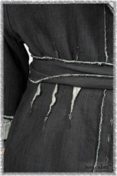 Trelawny Duster Coat in Estuary and Black Houndstooth on Pinstripe; Glenclyffe Shirt in Estuary Wispy Washed Cotton; Glenclyffe Frock in Estuary Wondrous Washed Linen. Ivey Abitz bespoke clothing.