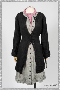 Mewland Jacket in Black Washed Crinkled Linen; Clotaire Sash in Red Sky at Night Yarn Dyed Weave; Mewland Vest in Beacon Black Hemstitch Stripe Gauze. Ivey Abitz bespoke clothing.
