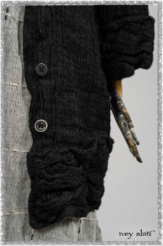 Mewland Jacket in Black Washed Crinkled Linen; Clotaire Sash in Red Sky at Night Yarn Dyed Weave; Mewland Vest in Beacon Black Hemstitch Stripe Gauze. Ivey Abitz bespoke clothing.