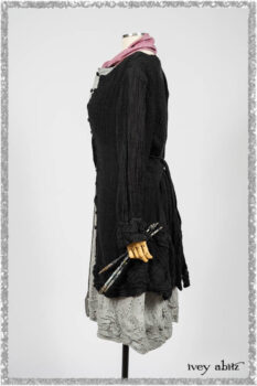 Mewland Jacket in Black Washed Crinkled Linen; Clotaire Sash in Red Sky at Night Yarn Dyed Weave; Mewland Vest in Beacon Black Hemstitch Stripe Gauze. Ivey Abitz bespoke clothing.