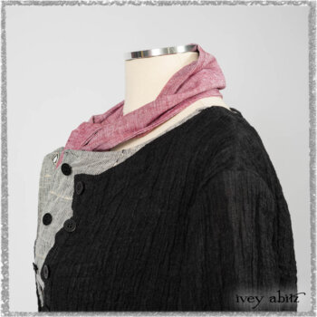 Mewland Jacket in Black Washed Crinkled Linen; Clotaire Sash in Red Sky at Night Yarn Dyed Weave; Mewland Vest in Beacon Black Hemstitch Stripe Gauze. Ivey Abitz bespoke clothing.