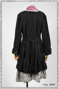 Mewland Jacket in Black Washed Crinkled Linen; Clotaire Sash in Red Sky at Night Yarn Dyed Weave; Mewland Vest in Beacon Black Hemstitch Stripe Gauze. Ivey Abitz bespoke clothing.