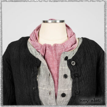 Mewland Jacket in Black Washed Crinkled Linen; Clotaire Sash in Red Sky at Night Yarn Dyed Weave; Mewland Vest in Beacon Black Hemstitch Stripe Gauze. Ivey Abitz bespoke clothing.