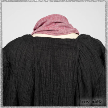 Mewland Jacket in Black Washed Crinkled Linen; Clotaire Sash in Red Sky at Night Yarn Dyed Weave; Mewland Vest in Beacon Black Hemstitch Stripe Gauze. Ivey Abitz bespoke clothing.