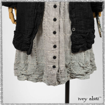 Mewland Jacket in Black Washed Crinkled Linen; Clotaire Sash in Red Sky at Night Yarn Dyed Weave; Mewland Vest in Beacon Black Hemstitch Stripe Gauze. Ivey Abitz bespoke clothing.