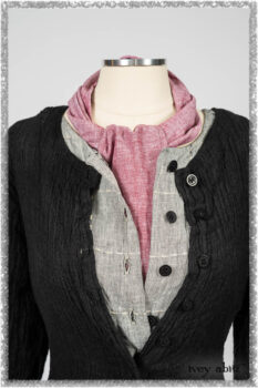 Mewland Jacket in Black Washed Crinkled Linen; Clotaire Sash in Red Sky at Night Yarn Dyed Weave; Mewland Vest in Beacon Black Hemstitch Stripe Gauze. Ivey Abitz bespoke clothing.