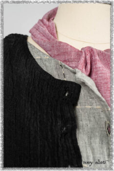 Mewland Jacket in Black Washed Crinkled Linen; Clotaire Sash in Red Sky at Night Yarn Dyed Weave; Mewland Vest in Beacon Black Hemstitch Stripe Gauze. Ivey Abitz bespoke clothing.