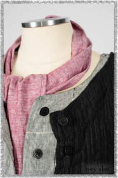 Mewland Jacket in Black Washed Crinkled Linen; Clotaire Sash in Red Sky at Night Yarn Dyed Weave; Mewland Vest in Beacon Black Hemstitch Stripe Gauze. Ivey Abitz bespoke clothing.