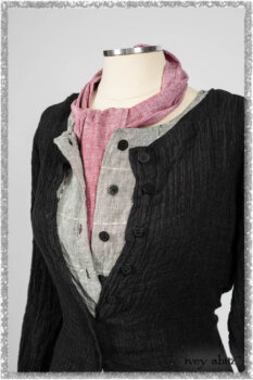 Mewland Jacket in Black Washed Crinkled Linen; Clotaire Sash in Red Sky at Night Yarn Dyed Weave; Mewland Vest in Beacon Black Hemstitch Stripe Gauze. Ivey Abitz bespoke clothing.